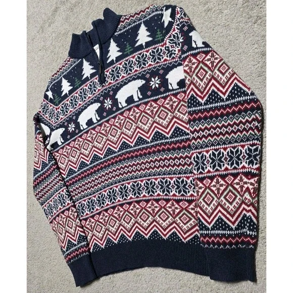 ASPEN Fair Isle Polar Bear Christmas Holiday 1/4 Zip Knit Sweater Size L - Picture 10 of 16